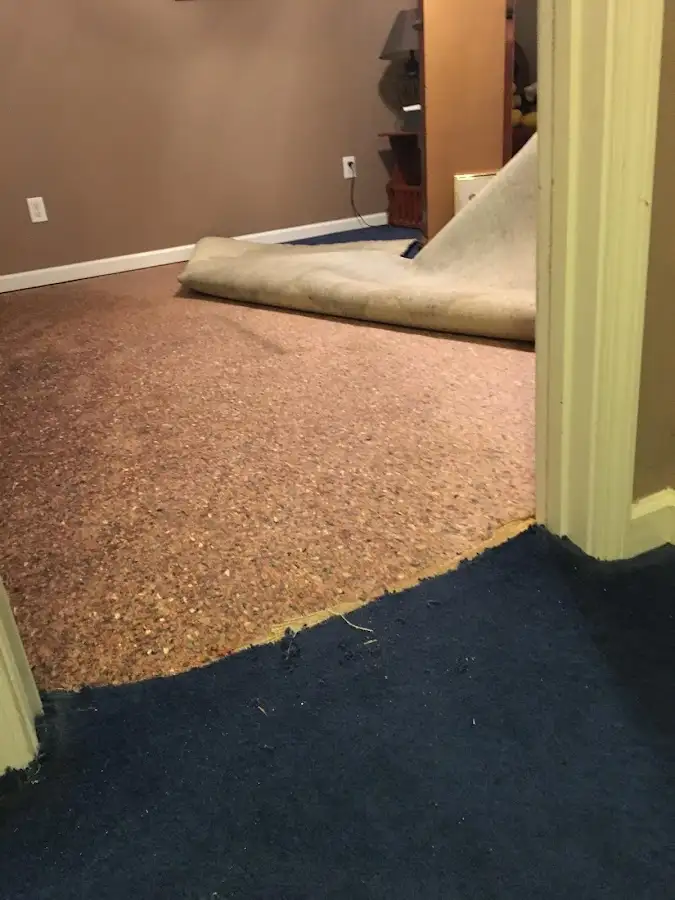 Carpet pad removal revealing water damage during Water Mitigation Services in Templeton